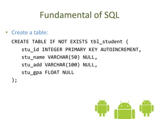 Fundamental of SQL
• Create a table:
CREATE TABLE IF NOT EXISTS tbl_student (
stu_id INTEGER PRIMARY KEY AUTOINCREMENT,
stu_name VARCHAR(50) NULL,
stu_add VARCHAR(100) NULL,
stu_gpa FLOAT NULL
);
 