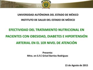 EFECTIVIDAD DEL TRATAMIENTO NUTRICIONAL EN
PACIENTES CON OBESIDAD, DIABETES E HIPERTENSIÓN
ARTERIAL EN EL 1ER NIVEL DE ATENCIÓN
UNIVERSIDAD AUTÓNOMA DEL ESTADO DE MÉXICO
INSTITUTO DE SALUD DEL ESTADO DE MÉXICO
Presenta:
Mtra. en S.F.C Grisel Barrios Rodríguez
15 de Agosto de 2015
 