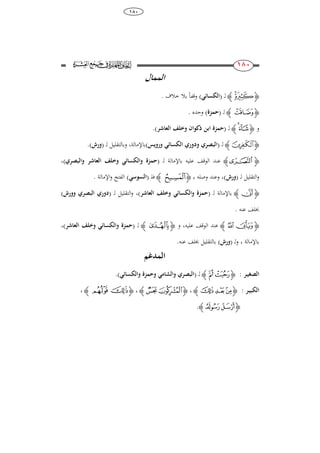 38
884
811
811
‫الممال‬
‫ﮋ‬‫ﮤ‬‫ﮣ‬‫ﮊ‬‫ل‬( ‫ـ‬‫ا‬‫لكسائ‬)ً‫ا‬‫وقف‬‫خالف‬ ‫بال‬.
‫ﮋ‬‫ﮯ‬‫ﮊ‬‫ل‬( ‫ـ‬‫حمزة‬)‫وحده‬.
‫و‬‫ﮋ‬‫ﭷ‬‫ﭶ‬‫ﮊ‬‫ل‬( ‫ـ‬‫حمزة‬‫وخلف‬ ‫ذكوان‬ ‫ابن‬‫العاشر‬).
‫ﮋ‬‫ﯓ‬‫ﮊ‬‫ل‬( ‫ـ‬‫ا‬‫و‬ ‫لبصري‬‫الكسائ‬ ‫دوري‬‫ورويس‬)‫باإلمالة‬‫ل‬ ‫وبالتقليل‬ ،( ‫ـ‬‫ورش‬).
‫ﮋ‬‫ﮡ‬‫ﮊ‬‫باإلمالة‬ ‫عليو‬ ‫الوقف‬ ‫عند‬‫ل‬‫ـ‬(‫حمزة‬‫والبصري‬ ‫العاشر‬ ‫وخلف‬ ‫والكسائ‬)،
‫ل‬ ‫التقليل‬‫و‬( ‫ـ‬‫ورش‬)‫ب‬ ‫وصلو‬ ‫وعند‬ ،‫ـ‬‫ﮋ‬‫ﮢ‬‫ﮊ‬‫فل‬( ‫ـ‬‫ا‬‫لسوس‬)‫اإلمالة‬‫و‬ ‫الفتح‬.
‫ﮋ‬‫ﯕ‬‫ﮊ‬‫باإلمالة‬‫ـ‬‫ل‬(‫ح‬‫مزة‬‫العاشر‬ ‫وخلف‬ ‫والكسائ‬)،‫ل‬ ‫التقليل‬‫و‬( ‫ـ‬‫وورش‬ ‫البصري‬ ‫دوري‬)
‫عنو‬ ‫خبلف‬.
‫ﮋ‬‫ﭘ‬ ‫ﭗ‬‫ﮊ‬‫و‬ ،‫عليو‬ ‫الوقف‬ ‫عند‬‫ﮋ‬‫ﭥ‬‫ﮊ‬‫ل‬( ‫ـ‬‫حمزة‬‫العاشر‬ ‫وخلف‬ ‫والكسائ‬)،
‫باإلمالة‬،‫ل‬‫و‬( ‫ـ‬‫ورش‬).‫عنو‬ ‫خبلف‬ ‫بالتقليل‬
‫المدغم‬
‫الصغي‬‫ـ‬‫ر‬:‫ﮋ‬‫﮴‬‫﮳‬‫ﮊ‬‫ل‬( ‫ـ‬‫ا‬‫والكسائ‬ ‫وحمزة‬ ‫والشام‬ ‫لبصري‬).
‫الكبي‬‫ـ‬‫ر‬:‫ﮋ‬‫ﭕ‬‫ﭔ‬‫ﭖ‬‫ﮊ‬،‫ﮋ‬‫ﭤ‬‫ﭣ‬‫ﮊ‬،‫ﮋ‬‫ﮧ‬‫ﮦ‬‫ﮊ‬،
‫ﮋ‬‫ﭤ‬‫ﭣ‬‫ﮊ‬.
 