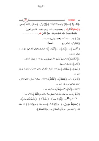 484
811
811
811
811
‫ﮌ‬e
‫ﮋ‬‫ﮦ‬‫ﮊ‬،‫ﮋ‬‫ﯡ‬‫ﮊ‬،‫ﮋ‬‫ﮊ‬‫ﮊﮋ‬‫ﮌ‬‫ﮊ‬،‫ﮋ‬‫ﭭ‬‫ﭬ‬‫ﭫ‬‫ﮊ‬‫جل‬.
‫ﮋ‬‫ﯬ‬‫ﯭ‬‫ﮊ‬‫أ‬‫ر‬‫ق‬(‫يعقوب‬)‫برفعها‬ ‫الباقون‬‫و‬ ،‫التاء‬ ‫بنصب‬.: ‫الجزري‬ ‫ابن‬ ‫قال‬
‫ـ‬‫ـ‬‫ـ‬‫ـ‬‫ـ‬‫ـ‬‫ل‬َ‫ـ‬‫ي‬ َ‫ـيم‬‫ـ‬‫ـ‬‫ـ‬‫ـ‬ِ‫م‬ َّ‫ـم‬‫ـ‬‫ـ‬‫ـ‬‫ض‬ ‫ـا‬‫ـ‬‫ـ‬‫ـ‬‫ـ‬‫ي‬ِ‫ان‬َ‫ث‬ ‫ـب‬‫ـ‬‫ـ‬‫ـ‬‫ـ‬ِ‫ص‬‫ان‬َ‫ف‬ ‫ـة‬‫ـ‬‫ـ‬‫ـ‬َ‫م‬ِ‫ل‬َ‫ك‬َ‫و‬َّ‫ـل‬‫ـ‬‫ـ‬‫ـ‬‫ـ‬‫ـ‬‫ك‬‫ال‬ ‫ز‬ِ‫ـم‬‫ـ‬‫ـ‬‫ـ‬‫ـ‬‫ـ‬‫ـ‬‫ـ‬‫ـ‬‫ـ‬‫ـ‬‫ـ‬‫ـ‬‫ح‬‫ز‬......................
‫ﮋ‬‫ﭾ‬‫ﮊ‬‫ب‬ ‫وقف‬‫ـ‬‫السكت‬ ‫هاء‬(‫والبزي‬ ‫يعقوب‬)‫عنو‬ ‫خبلف‬.
‫ﮋ‬‫ﮦ‬‫ﮊ‬‫بع‬‫ر‬‫ال‬ ‫آخر‬.‫الممال‬
‫ﮋ‬‫ﭷ‬‫ﮊ‬‫و‬ ،‫ﮋ‬‫ﮓ‬‫ﮊ‬‫و‬ ،‫ﮋ‬‫﮳‬‫ﮊ‬‫ل‬( ‫ـ‬‫ا‬‫و‬ ‫لبصري‬‫الكسائ‬ ‫دوري‬)‫ل‬‫و‬ ،‫باإلمالة‬‫ـ‬
(‫ورش‬)‫بالتقليل‬.
‫و‬‫ﮋ‬‫ﯓ‬‫ﮊ‬‫ل‬( ‫ـ‬‫ا‬‫و‬ ‫لبصري‬‫الكسائ‬ ‫دوري‬‫و‬‫رويس‬)‫ل‬‫و‬ ،‫باإلمالة‬( ‫ـ‬‫ورش‬)‫بالتقليل‬.
‫ﮋ‬‫ﭕ‬‫ﮊ‬‫ل‬( ‫ـ‬‫البصري‬ ‫دوري‬).
‫ﮋ‬‫ﮐ‬‫ﮊ‬،‫ﮋ‬‫ﮕ‬‫ﮊ‬‫باإلمالة‬‫ـ‬‫ل‬(‫حمزة‬‫و‬ ‫والكسائ‬‫العاشر‬ ‫خلف‬)،‫ل‬ ‫التقليل‬‫و‬( ‫ـ‬‫ورش‬)
‫عنو‬ ‫خبلف‬.
‫ﮋ‬‫ﮛ‬‫ﮊ‬ً‫ا‬‫مع‬،‫و‬‫ﮋ‬‫ﯫ‬‫ﯪ‬‫ﮊ‬‫و‬‫ﮋ‬‫ﯰ‬‫ﯯ‬‫ﮊ‬‫باإلمالة‬‫ـ‬‫ل‬(‫حمزة‬‫العاشر‬ ‫وخلف‬ ‫والكسائ‬)،
‫ل‬ ‫التقليل‬‫و‬( ‫ـ‬‫ا‬‫وورش‬ ‫لبصري‬)‫عنو‬ ‫خبلف‬.
‫يف‬ ‫إمالة‬ ‫وال‬‫ﮋ‬‫ﮩ‬‫ﮊ‬‫يف‬ ‫وال‬‫ﮋ‬‫ﭻ‬‫ﮊ‬‫عليو‬ ‫الوقف‬ ‫عند‬.
‫ﮋ‬‫ﯣ‬‫ﮊ‬ً‫ا‬‫مع‬‫ل‬ ‫عليو‬ ‫الوقف‬ ‫عند‬ ،( ‫ـ‬‫ا‬‫لكسائ‬)‫بال‬‫خالف‬،‫ﮋ‬‫ﭭ‬‫ﭬ‬‫ﮊ‬‫عنو‬ ‫خبالف‬.
‫المدغم‬‫الكبي‬‫ـ‬‫ر‬:‫ﮋ‬‫ﭪ‬‫ﭩ‬‫ﮊ‬،‫ﮋ‬‫ﭻ‬‫ﭺ‬‫ﮊ‬،‫ﮋ‬‫ﯗ‬‫ﯖ‬‫ﮊ‬،
‫ﮋ‬‫ﯮ‬ ‫ﯭ‬ ‫ﯬ‬‫ﮊ‬،‫ﮋ‬‫ﮃ‬ ‫ﮂ‬‫ﮊ‬،‫يف‬ ‫إدغام‬ ‫وال‬‫ﮋ‬‫ﮗ‬‫ﮊ‬‫إدغام‬ ‫ألن‬
‫ب‬ ‫خاص‬ ‫كلمة‬‫يف‬ ‫ادلثلني‬‫ـ‬‫ﮋ‬‫ﮠ‬‫ﮊ‬‫و‬ ،‫ﮋ‬‫ﰗ‬‫ﰖ‬‫ﮊ‬.
 