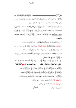 38
244
111
111‫والثالث‬:ً‫ياء‬ ‫إبداذلا‬‫خالصة‬،‫ل‬ ‫وفيو‬( ‫ـ‬‫ورش‬)‫مل‬ ‫بعده‬ ‫دبا‬ ‫وصلو‬ ‫فإذا‬ ،‫عليو‬ ‫وقف‬ ‫إن‬ ‫البدل‬ ‫ثالثة‬
‫ادلد‬ ‫إال‬ ‫لو‬ ‫يكن‬‫ادلشبع‬،‫حينئذ‬ ‫ألنو‬‫مد‬ً‫ال‬‫عم‬ ‫منفصل‬‫الس‬ ‫بأقوى‬‫ببني‬.
‫ﮋ‬‫ﮐ‬‫ﮊ‬‫حكم‬ ‫حكمو‬‫ﮋ‬‫ﭼ‬‫ﮊ‬‫ل‬( ‫ـ‬‫وحمزة‬ ‫جعفر‬ ‫أب‬)‫أم‬‫و‬ ،‫الوقف‬ ‫عند‬‫ا‬(‫ورش‬)
‫ل‬‫وص‬ ‫الثالثة‬ ‫فيو‬ ‫فلو‬ً‫ال‬‫ووقفا‬ًً،‫إىل‬ ‫وبالنظر‬‫ﮋ‬‫ﮍ‬‫ﮊ‬‫مع‬‫ﮋ‬‫ﮐ‬‫ﮊ‬‫ل‬ ‫يكون‬‫ـ‬
(‫ورش‬)‫أوجو‬ ‫ستة‬:‫قصر‬‫ﮋ‬‫ﮍ‬‫ﮊ‬‫يف‬ ‫وعليو‬‫ﮋ‬‫ﮐ‬‫ﮊ‬‫والتوسط‬ ‫القصر‬
‫واإلشباع‬.
‫توس‬ ‫مث‬‫األو‬ ‫ط‬‫الثاين‬ ‫يف‬ ‫وعليو‬ ‫ل‬(‫واإلش‬ ‫التوسط‬‫باع‬)،‫مد‬ ‫مث‬‫األو‬‫معا‬ ‫الثاين‬‫و‬ ‫ل‬ًً.
‫ﮋ‬‫ﮙ‬‫ﮚ‬‫ﮝ‬‫ﮜ‬‫ﮛ‬‫ﮟ‬‫ﮞ‬‫ﮊ‬‫أ‬‫ر‬‫ق‬(‫عاصم‬)،‫ﮋ‬‫ﮚ‬‫ﮊ‬‫ضم‬ ‫مع‬ ‫مفتوحة‬ ‫بنون‬
‫و‬ ‫الفاء‬‫ﮋ‬‫ﮞ‬‫ﮊ‬‫و‬ ،‫الذال‬ ‫كسر‬‫مع‬ ‫مضمومة‬ ‫بنون‬‫ﮋ‬‫ﮟ‬‫ﮊ‬‫التاء‬ ‫بنصب‬.
‫الباقون‬ ‫أ‬‫ر‬‫وق‬(‫ـ‬‫ي‬َ‫ف‬‫ع‬)‫الفاء‬ ‫فتح‬ ‫مع‬ ‫مضمومة‬ ‫حتتية‬ ‫بياء‬،‫و‬(‫ب‬َّ‫ذ‬َ‫ع‬‫ـ‬‫ت‬)‫ال‬ ‫فتح‬ ‫مع‬ ‫مضمومة‬ ‫بتاء‬‫ذال‬
‫و‬‫ﮋ‬‫ﯱ‬‫ﮊ‬‫بالرفع‬.: ‫الشاطب‬ ‫قال‬
‫ـ‬‫ي‬َ‫و‬َ‫ـف‬‫ـ‬‫ـ‬‫ـ‬‫ـ‬‫ـ‬‫ـ‬‫ـ‬‫ع‬‫ه‬‫ـاؤ‬‫ـ‬‫ـ‬‫ـ‬‫ـ‬‫ـ‬‫ـ‬‫ـ‬َ‫ف‬َ‫و‬ ٍّ‫ـم‬‫ـ‬‫ـ‬‫ـ‬‫ـ‬‫ـ‬‫ـ‬‫ـ‬َ‫ض‬ َ‫ن‬‫و‬‫د‬ ‫ـون‬‫ـ‬‫ـ‬‫ـ‬‫ـ‬‫ـ‬‫ـ‬‫ـ‬‫ن‬ِ‫ب‬‫ـ‬‫ـ‬‫ـ‬‫ـ‬‫ـ‬‫الن‬ِ‫ب‬ ‫ـاه‬‫ـ‬‫ـ‬‫ـ‬‫ـ‬َ‫ت‬ ‫ب‬َّ‫ـذ‬‫ـ‬‫ـ‬‫ـ‬‫ـ‬َ‫ع‬‫ـ‬‫ت‬ ‫ـم‬‫ـ‬‫ـ‬‫ـ‬‫ـ‬َ‫ض‬‫ي‬‫ـ‬َ‫ال‬‫ـ‬‫ـ‬‫ـ‬‫ـ‬‫ـ‬‫ص‬‫و‬ ِ‫ون‬
ُ‫ـر‬‫ـ‬‫ـ‬‫س‬َ‫ك‬ِ‫ـو‬‫ـ‬‫ـ‬ِ‫ال‬َ‫ذ‬ ‫ـ‬‫ـ‬‫ـ‬ِ‫ف‬َ‫و‬‫ـة‬‫ـ‬‫ـ‬َ‫ف‬ِ‫ائ‬َ‫ط‬َ‫و‬ُ‫ـ‬‫ـ‬‫ـ‬‫ص‬َ‫ن‬ِ‫ب‬‫ـ‬ِ‫ب‬‫ـن‬‫ـ‬‫ـ‬َ‫ع‬ ِ‫ـو‬‫ـ‬‫ـ‬ِ‫وع‬‫ف‬‫ر‬َ‫م‬‫ـم‬‫ـ‬‫ـ‬ِ‫اص‬َ‫ع‬َ‫ال‬َ‫ـت‬‫ـ‬‫ـ‬‫اع‬ ‫ـو‬‫ـ‬‫ـ‬‫ل‬‫ك‬
‫ﮋ‬‫ﭯ‬‫ﭮ‬‫ﮊ‬،‫ﮋ‬‫ﭲ‬‫ﮊ‬،‫ﮋ‬‫ﮃ‬‫ﮂ‬‫ﮊ‬،‫ﮋ‬‫ﮑ‬‫ﮊ‬،
‫ﮋ‬‫ﮝ‬‫ﮊ‬،‫ﮋ‬‫ﭘ‬‫ﭗ‬‫ﮊ‬،‫ﮋ‬‫ﭙ‬‫ﮊ‬،‫ﮋ‬‫ﭜ‬‫ﮊ‬،‫ﮋ‬‫ﭼ‬‫ﮊ‬‫يخفى‬.
‫ﮋ‬‫ﭶ‬‫ﮊ‬‫ل‬( ‫ـ‬‫وىشام‬ ‫حمزة‬)ً‫ا‬‫وقف‬ً‫ا‬‫ألف‬ ‫اإلبدال‬ :‫وجهان‬ ‫عليو‬،‫بالر‬ ‫بني‬ ‫بني‬ ‫التسهيل‬‫و‬‫ل‬‫و‬‫م‬.
‫ﮋ‬‫ﮅ‬‫ﮊ‬‫السني‬ ‫أسكن‬(‫عمرو‬ ‫أبو‬)‫الباقون‬ ‫وضمها‬ ،.
‫ﮋ‬‫ﯟ‬‫ﮊ‬‫اء‬‫ر‬‫ال‬ ‫ضم‬(‫شعبة‬)،‫غي‬ ‫كسرىا‬‫و‬‫ـ‬‫ره‬.
‫ﮋ‬‫ﮐ‬‫ﮊ‬‫بع‬‫ر‬‫ال‬ ‫آخر‬.‫الممال‬
 