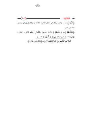 484
111
111
111
111
‫ﮌ‬e
‫ﮋ‬‫ﮛ‬‫ﮊ‬ً‫ا‬‫مع‬،‫ـ‬‫ل‬(‫حمزة‬‫العاشر‬ ‫وخلف‬ ‫والكسائ‬)‫باإلمالة‬،‫ل‬‫و‬( ‫ـ‬‫ا‬‫وورش‬ ‫لبصري‬)‫بالتقليل‬
‫الثاين‬ ‫عن‬ ‫خبلف‬.
‫ﮋ‬‫ﭙ‬‫ﮊ‬‫و‬‫ﮋ‬‫ﭳ‬‫ﮊ‬‫باإلمالة‬‫ـ‬‫ل‬(‫ح‬‫العاشر‬ ‫وخلف‬ ‫والكسائ‬ ‫مزة‬)،‫ل‬ ‫التقليل‬‫و‬‫ـ‬
(‫ورش‬)‫خبلفو‬‫ل‬ ‫تقليل‬ ‫وال‬( ‫ـ‬‫ا‬‫لبصري‬)‫يف‬‫ﮋ‬‫ﮋ‬‫ﮊ‬‫سبق‬ ‫كما‬.
‫المدغم‬‫الكبي‬‫ـ‬‫ر‬:‫ﮋ‬‫ﯩﯪ‬‫ﮊ‬،‫ﮋ‬‫ﮰ‬‫ﮱ‬‫ﮊ‬
 