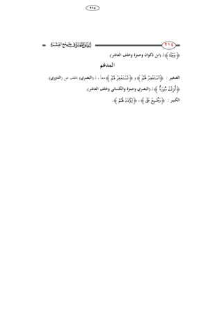 38
284
181
181 ‫ﮋ‬‫ﭽ‬‫ﮊ‬‫ل‬( ‫ـ‬‫ذكوان‬ ‫ابن‬‫وحمزة‬‫العاشر‬ ‫وخلف‬).
‫المدغم‬
‫الصغي‬‫ـ‬‫ر‬:‫ﮋ‬‫ﭒ‬ ‫ﭑ‬‫ﮊ‬‫و‬‫ﮋ‬‫ﭖ‬‫ﭕ‬‫ﮊ‬ً‫ا‬‫مع‬،‫ل‬( ‫ـ‬‫ا‬‫لبصري‬)‫عن‬ ‫خبلف‬(‫الدوري‬).
‫ﮋ‬‫ﯸ‬‫ﯷ‬‫ﮊ‬‫ل‬( ‫ـ‬‫ا‬‫وخلف‬ ‫والكسائ‬ ‫وحمزة‬ ‫لبصري‬‫العاشر‬).
‫الكبي‬‫ـ‬‫ر‬:‫ﮋ‬‫ﭗ‬‫ﭖ‬‫ﮊ‬،‫ﮋ‬‫ﮂ‬‫ﮁ‬‫ﮊ‬.
 