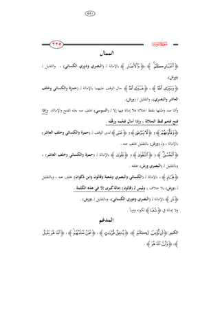 484
111
111
111
111
‫ﮌ‬e
‫الممال‬
‫ﮋ‬‫ﭢ‬‫ﭡ‬‫ﮊ‬،‫ﮋ‬‫ﭕ‬‫ﮊ‬‫ل‬ ‫باإلمالة‬( ‫ـ‬‫ا‬‫و‬ ‫لبصري‬‫الكسائ‬ ‫دوري‬)،‫ل‬ ‫التقليل‬‫و‬‫ـ‬
(‫ورش‬).
‫ﮋ‬‫ﭤ‬ ‫ﭣ‬‫ﮊ‬،‫ﮋ‬‫ﯢ‬ ‫ﯡ‬‫ﮊ‬‫ل‬ ‫باإلمالة‬ ‫عليهما‬ ‫الوقف‬ ‫حال‬( ‫ـ‬‫وخلف‬ ‫والكسائ‬ ‫حمزة‬
‫والبصري‬ ‫العاشر‬)،‫ل‬ ‫التقليل‬‫و‬( ‫ـ‬‫ورش‬).
‫أ‬‫و‬‫م‬‫ل‬‫وص‬ ‫عند‬ ‫ا‬‫ل‬ ‫إال‬ ‫فيها‬ ‫إمالة‬ ‫فال‬ ‫اجلاللة‬ ‫بلفظ‬ ‫لها‬( ‫ـ‬‫ا‬‫لسوس‬)‫عنو‬ ‫خبلف‬‫،ف‬‫اإلمالة‬‫و‬ ‫الفتح‬ ‫لو‬،‫وإذا‬
‫الجاللة‬ ‫لفظ‬ ‫فخم‬ ‫فتح‬،‫فخ‬ ‫أمال‬ ‫وإذا‬‫ورق‬ ‫مو‬‫قو‬.
‫ﮋ‬‫ﮁ‬‫ﮊ‬‫و‬‫ﮋ‬‫ﮓ‬‫ﮒ‬‫ﮊ‬‫و‬‫ﮋ‬‫ﮏ‬‫ﮊ‬‫ل‬ ‫الوقف‬ ‫لدى‬( ‫ـ‬‫العاشر‬ ‫وخلف‬ ‫والكسائ‬ ‫حمزة‬)
‫باإلمالة‬،‫ل‬‫و‬( ‫ـ‬‫ورش‬)‫عنو‬ ‫خبلف‬ ‫بالتقليل‬.
‫ﮋ‬‫ﭦ‬‫ﭥ‬‫ﮊ‬‫و‬‫ﮋ‬‫ﭴ‬‫ﮊ‬‫و‬‫ﮋ‬‫ﮋ‬‫ﮊ‬‫با‬‫إل‬‫ل‬ ‫مالة‬( ‫ـ‬‫العاشر‬ ‫وخلف‬ ‫والكسائ‬ ‫حمزة‬)،
‫ل‬ ‫وبالتقليل‬( ‫ـ‬‫ا‬‫ورش‬ ‫لبصري‬)‫خبلفو‬.
‫ﮋ‬‫ﮗ‬‫ﮊ‬‫ل‬ ‫باإلمالة‬ ،( ‫ـ‬‫ا‬‫ذكوان‬ ‫وابن‬ ‫وقالون‬ ‫وشعبة‬ ‫والبصري‬ ‫لكسائ‬)‫عنو‬ ‫خبلف‬،‫وبالتقليل‬
‫ل‬( ‫ـ‬‫ورش‬)‫خالف‬ ‫بال‬،‫ل‬ ‫وليس‬( ‫ـ‬‫قالون‬)‫الكلمة‬ ‫ىذه‬ ‫ف‬ ‫إ‬ ‫كبر‬‫إمالة‬.
‫ﮋ‬‫ﮛ‬‫ﮊ‬‫باإلم‬‫ل‬ ‫الة‬( ‫ـ‬‫ا‬‫و‬ ‫لبصري‬‫الكسائ‬ ‫دوري‬)‫ل‬ ‫وبالتقليل‬ ،( ‫ـ‬‫ورش‬).
‫يف‬ ‫إمالة‬ ‫وال‬‫ﮋ‬‫ﮕ‬‫ﮊ‬ً‫ا‬‫اوي‬‫و‬ ‫لكونو‬.
‫المدغم‬
‫الكبي‬‫ـ‬‫ر‬:‫ﮋ‬‫ﭜ‬‫ﭛ‬ ‫ﭚ‬‫ﮊ‬،‫ﮋ‬‫﯇‬‫﯆‬‫ﮊ‬،‫ﮋ‬‫ﭾ‬‫ﭽ‬‫ﭼ‬‫ﮊ‬،‫ﮋ‬‫﮲‬‫ﮱ‬‫ﮰ‬
‫ﮊ‬،‫ﮋ‬‫ﯛ‬‫ﯚ‬ ‫ﯙ‬‫ﮊ‬.
 