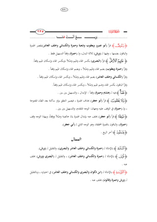 484
111
111
111
111
‫ﮌ‬e
...........................‫ـ‬‫ـ‬‫ـ‬‫ـ‬‫ـ‬‫ـ‬‫ـ‬‫ـ‬‫ـ‬‫ـ‬‫ـ‬‫ـ‬‫ـ‬‫ـ‬‫ـ‬‫ـ‬‫ـ‬‫ـ‬‫ـ‬‫ـ‬‫ـ‬‫ـ‬‫ـ‬‫ـ‬‫ـ‬‫ـ‬‫ـ‬‫ـ‬‫ـ‬‫ـ‬‫ـ‬‫ـ‬‫ـ‬‫ـ‬‫ـ‬‫ـ‬‫ـ‬‫ي‬ِ‫ز‬َ‫ي‬‫ـث‬‫ـ‬‫ـ‬‫ـ‬‫ـ‬‫ـ‬‫ـ‬‫ـ‬‫ـ‬‫ـ‬‫ـ‬‫ـ‬‫ـ‬‫ـ‬‫ـ‬‫َن‬‫أ‬ ‫ـغ‬‫ـ‬‫ـ‬‫ـ‬‫ـ‬‫ـ‬‫ـ‬‫ـ‬‫ـ‬‫ـ‬‫ـ‬‫ـ‬‫ـ‬‫ـ‬‫ـ‬‫ـ‬َ‫ف‬‫ـا‬‫ـ‬‫ـ‬‫ـ‬‫ـ‬‫ـ‬‫ـ‬‫ـ‬‫ـ‬‫ـ‬‫ـ‬‫ـ‬‫ـ‬‫ـ‬‫ـ‬َ‫ش‬.......................
‫ﮋ‬‫ﯳ‬‫ﮊ‬‫أ‬‫ر‬‫ق‬(‫ويعقوب‬ ‫عمرو‬ ‫أبو‬‫و‬ ‫وشعبة‬‫والكسائ‬ ‫حمزة‬‫وخلف‬‫العاشر‬)‫اذلمزة‬ ‫بقصر‬
‫بضمها‬ ‫الباقون‬‫و‬،‫وفيها‬‫ل‬( ‫ـ‬‫ورش‬)‫ل‬‫و‬ ،‫البدل‬ ‫ثالثة‬( ‫ـ‬‫حمزة‬)ً‫ا‬‫وقف‬‫فقط‬ ‫التسهيل‬.
‫ﮋ‬‫ﭫ‬ ‫ﭙ‬‫ﭘ‬‫ﮊ‬‫أ‬‫ر‬‫ق‬(‫البصري‬)‫ل‬‫وص‬ ‫ادليم‬‫و‬ ‫اذلاء‬ ‫بكسر‬ً‫ال‬،ً‫ا‬‫وقف‬ ‫ادليم‬ ‫وإسكان‬ ‫اذلاء‬ ‫وبكسر‬.
‫أ‬‫ر‬‫وق‬(‫ويعقوب‬ ‫حمزة‬)‫ل‬‫وص‬ ‫ادليم‬‫و‬ ‫اذلاء‬ ‫بضم‬ً‫ال‬،ً‫ا‬‫وقف‬ ‫ادليم‬ ‫وإسكان‬ ‫اذلاء‬ ‫وبضم‬.
‫أ‬‫ر‬‫وق‬(‫وخلف‬ ‫الكسائ‬‫العاشر‬)‫اذل‬ ‫بضم‬‫ل‬‫وص‬ ‫ادليم‬‫و‬ ‫اء‬ً‫ال‬،ً‫ا‬‫وقف‬ ‫ادليم‬ ‫وإسكان‬ ‫اذلاء‬ ‫وبكسر‬.
‫ل‬‫وص‬ ‫ادليم‬ ‫وضم‬ ‫اذلاء‬ ‫بكسر‬ ‫الباقون‬ ‫أ‬‫ر‬‫وق‬ً‫ال‬،ً‫ا‬‫وقف‬ ‫ادليم‬ ‫وإسكان‬ ‫اذلاء‬ ‫وبكسر‬.
‫ﮋ‬‫ﮒ‬‫ﮊ‬‫ل‬ ‫فيو‬( ‫ـ‬‫وحمزة‬ ‫ىشام‬)ً‫ا‬‫وقف‬:‫اإلبدال‬،‫بني‬ ‫بني‬ ‫التسهيل‬‫و‬.
‫ﮋ‬‫ﮛ‬‫ﮚ‬‫ﮊ‬‫أ‬‫ر‬‫ق‬(‫جعفر‬ ‫أبو‬)‫اذلمزة‬ ‫حبذف‬،‫فيصي‬‫ـ‬‫ساكنة‬ ‫او‬‫و‬‫ب‬ ‫النطق‬ ‫ر‬‫ادلفتوحة‬ ‫الطاء‬ ‫بعد‬
،‫ل‬‫و‬( ‫ـ‬‫حمزة‬)‫الوقف‬ ‫يف‬‫بني‬ ‫بني‬ ‫التسهيل‬‫و‬ ،‫ادلتقدم‬ ‫الوجو‬ :‫وجهان‬ ‫عليو‬.
‫ﮋ‬‫ﮜ‬‫ﮊ‬‫أ‬‫ر‬‫ق‬(‫جعفر‬ ‫أبو‬)ً‫ياء‬ ‫اذلمزة‬ ‫بإبدال‬ ‫عنو‬ ‫خبلف‬‫ل‬‫وص‬ ‫خالصة‬ً‫ال‬ً‫ا‬‫ووقف‬‫وب‬ ،‫ـ‬‫وقف‬ ‫الوجو‬ ‫هذا‬
(‫حمزة‬)‫ل‬ ‫الثاين‬ ‫الوجو‬ ‫وىو‬ ،‫احملققة‬ ‫باذلمزة‬ ‫الباقون‬‫و‬ ،( ‫ـ‬‫جعفر‬ ‫أب‬).
‫ﮋ‬‫ﯤ‬‫ﮊ‬‫ا‬ ‫آخر‬‫بع‬‫ر‬‫ل‬.
‫الممال‬
‫ﮋ‬‫﮸‬‫ﮊ‬‫ل‬ ‫باإلمالة‬( ‫ـ‬‫والبصري‬ ‫العاشر‬ ‫وخلف‬ ‫والكسائ‬ ‫حمزة‬)،‫ل‬ ‫التقليل‬‫و‬( ‫ـ‬‫ورش‬).
‫ﮋ‬‫ﭮ‬‫ﮊ‬‫ل‬ ‫باإلمالة‬( ‫ـ‬‫العاشر‬ ‫وخلف‬ ‫والكسائ‬ ‫حمزة‬)،‫ل‬ ‫التقليل‬‫و‬( ‫ـ‬‫ا‬‫وورش‬ ‫لبصري‬)‫خبلف‬
‫عنو‬.
‫ﮋ‬‫﯌‬‫ﮊ‬‫ل‬ ‫باإلمالة‬( ‫ـ‬‫وخلف‬ ‫والكسائ‬ ‫والبصري‬ ‫ذكوان‬ ‫ابن‬‫العاشر‬)‫اختياره‬ ‫يف‬،‫وبالتقلي‬‫ل‬
‫ل‬( ‫ـ‬‫وقالون‬ ‫وحمزة‬ ‫ورش‬)‫عنو‬ ‫خبلف‬.
 