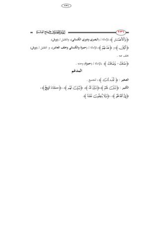 38
236
116
116 ‫ﮋ‬‫ﯟ‬‫ﮊ‬‫ل‬ ‫باإلمالة‬( ‫ـ‬‫ا‬‫و‬ ‫لبصري‬‫الكسائ‬ ‫دوري‬)‫ل‬ ‫التقليل‬‫و‬ ،( ‫ـ‬‫ورش‬).
‫ﮋ‬‫﯑‬‫ﮊ‬‫و‬‫ﮋ‬‫ﮗ‬‫ﮊ‬‫ل‬ ‫باإلمالة‬( ‫ـ‬‫العاشر‬ ‫وخلف‬ ‫والكسائ‬ ‫حمزة‬)‫ل‬ ‫التقليل‬ ‫و‬ ،( ‫ـ‬‫ورش‬)
‫عنو‬ ‫خبلف‬.
‫ﮋ‬‫ﭗ‬-‫ﭜ‬‫ﮊ‬‫ل‬ ‫باإلمالة‬( ‫ـ‬‫حمزة‬)‫وحده‬.
‫المدغم‬
‫الصغي‬‫ـ‬‫ر‬:‫ﮋ‬‫ﯚ‬‫ﯙ‬‫ﮊ‬‫لل‬ ،‫جميع‬.
‫الكبي‬‫ـ‬‫ر‬:‫ﮋ‬‫ﭳ‬‫ﭲ‬‫ﮊ‬،‫ﮋ‬‫ﮄ‬‫ﮃ‬‫ﮊ‬،‫ﮋ‬‫ﮚ‬‫ﮙ‬‫ﮊ‬،‫ﮋ‬‫ﯨ‬َ‫ت‬‫يغ‬ِ‫ز‬‫ﮊ‬،
‫ﮋ‬‫ﭮ‬‫ﭭ‬ ‫ﭬ‬‫ﮊ‬،‫ﮋ‬‫﮴‬‫﮳‬‫﮲‬‫ﮊ‬.
 