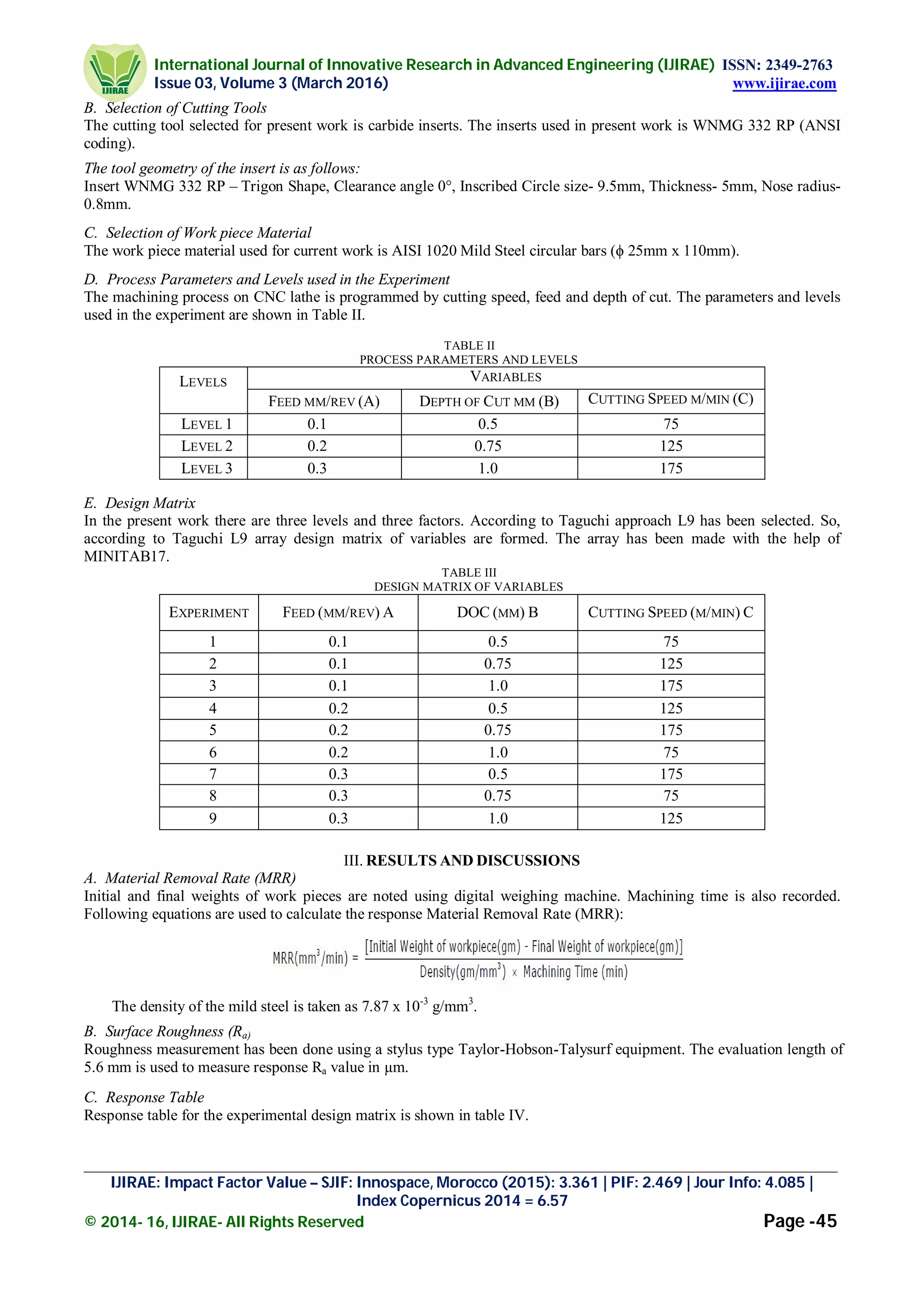 International Journal of Innovative Research in Advanced Engineering (IJIRAE) ISSN: 2349-2763
Issue 03, Volume 3 (March 2016) www.ijirae.com
_________________________________________________________________________________________________
IJIRAE: Impact Factor Value – SJIF: Innospace, Morocco (2015): 3.361 | PIF: 2.469 | Jour Info: 4.085 |
Index Copernicus 2014 = 6.57
© 2014- 16, IJIRAE- All Rights Reserved Page -45
B. Selection of Cutting Tools
The cutting tool selected for present work is carbide inserts. The inserts used in present work is WNMG 332 RP (ANSI
coding).
The tool geometry of the insert is as follows:
Insert WNMG 332 RP – Trigon Shape, Clearance angle 0°, Inscribed Circle size- 9.5mm, Thickness- 5mm, Nose radius-
0.8mm.
C. Selection of Work piece Material
The work piece material used for current work is AISI 1020 Mild Steel circular bars (ϕ 25mm x 110mm).
D. Process Parameters and Levels used in the Experiment
The machining process on CNC lathe is programmed by cutting speed, feed and depth of cut. The parameters and levels
used in the experiment are shown in Table II.
TABLE II
PROCESS PARAMETERS AND LEVELS
LEVELS VARIABLES
FEED MM/REV (A) DEPTH OF CUT MM (B) CUTTING SPEED M/MIN (C)
LEVEL 1 0.1 0.5 75
LEVEL 2 0.2 0.75 125
LEVEL 3 0.3 1.0 175
E. Design Matrix
In the present work there are three levels and three factors. According to Taguchi approach L9 has been selected. So,
according to Taguchi L9 array design matrix of variables are formed. The array has been made with the help of
MINITAB17.
TABLE III
DESIGN MATRIX OF VARIABLES
EXPERIMENT FEED (MM/REV) A DOC (MM) B CUTTING SPEED (M/MIN) C
1 0.1 0.5 75
2 0.1 0.75 125
3 0.1 1.0 175
4 0.2 0.5 125
5 0.2 0.75 175
6 0.2 1.0 75
7 0.3 0.5 175
8 0.3 0.75 75
9 0.3 1.0 125
III. RESULTS AND DISCUSSIONS
A. Material Removal Rate (MRR)
Initial and final weights of work pieces are noted using digital weighing machine. Machining time is also recorded.
Following equations are used to calculate the response Material Removal Rate (MRR):
The density of the mild steel is taken as 7.87 x 10-3
g/mm3
.
B. Surface Roughness (Ra)
Roughness measurement has been done using a stylus type Taylor-Hobson-Talysurf equipment. The evaluation length of
5.6 mm is used to measure response Ra value in µm.
C. Response Table
Response table for the experimental design matrix is shown in table IV.
 