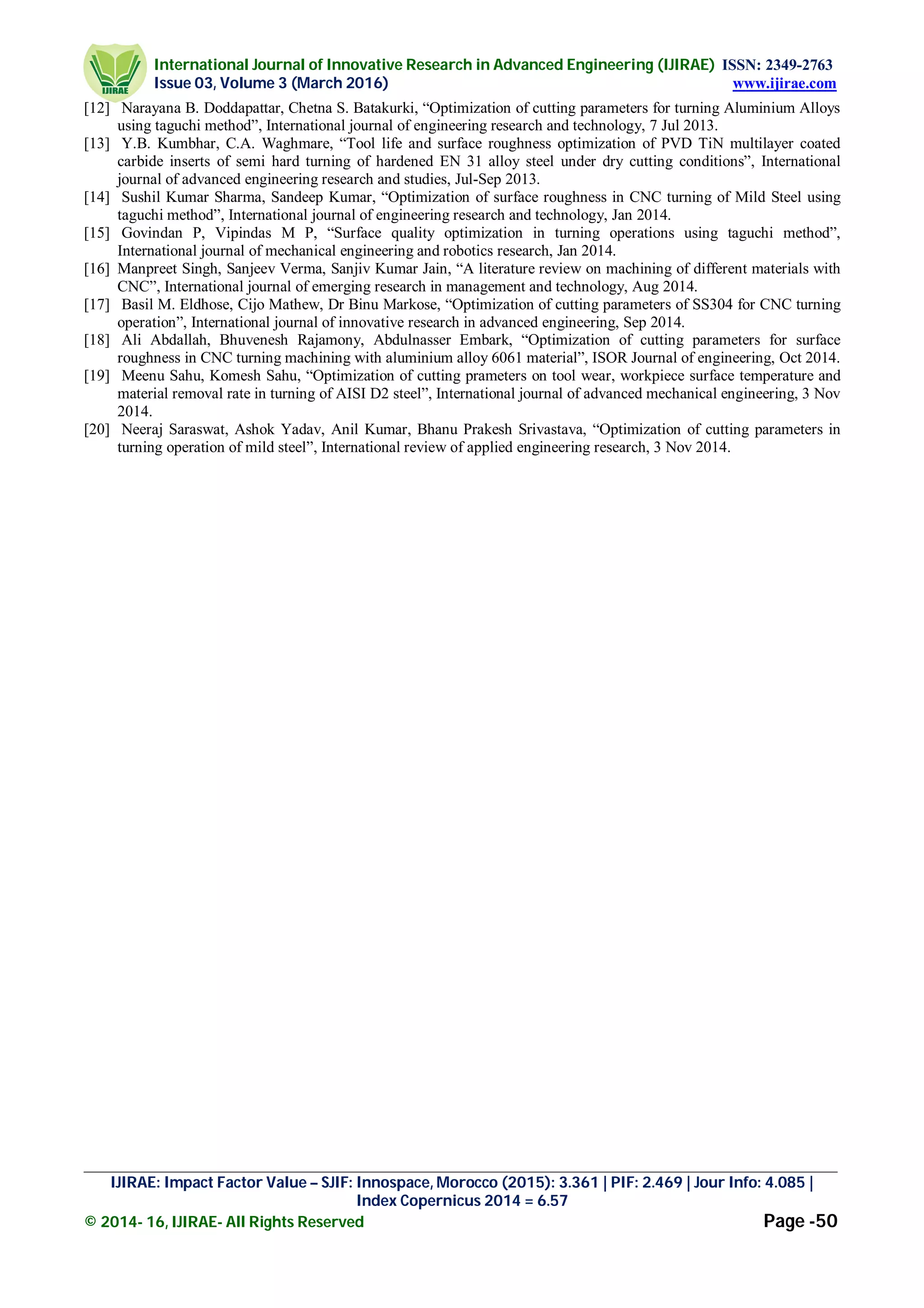 International Journal of Innovative Research in Advanced Engineering (IJIRAE) ISSN: 2349-2763
Issue 03, Volume 3 (March 2016) www.ijirae.com
_________________________________________________________________________________________________
IJIRAE: Impact Factor Value – SJIF: Innospace, Morocco (2015): 3.361 | PIF: 2.469 | Jour Info: 4.085 |
Index Copernicus 2014 = 6.57
© 2014- 16, IJIRAE- All Rights Reserved Page -50
[12] Narayana B. Doddapattar, Chetna S. Batakurki, “Optimization of cutting parameters for turning Aluminium Alloys
using taguchi method”, International journal of engineering research and technology, 7 Jul 2013.
[13] Y.B. Kumbhar, C.A. Waghmare, “Tool life and surface roughness optimization of PVD TiN multilayer coated
carbide inserts of semi hard turning of hardened EN 31 alloy steel under dry cutting conditions”, International
journal of advanced engineering research and studies, Jul-Sep 2013.
[14] Sushil Kumar Sharma, Sandeep Kumar, “Optimization of surface roughness in CNC turning of Mild Steel using
taguchi method”, International journal of engineering research and technology, Jan 2014.
[15] Govindan P, Vipindas M P, “Surface quality optimization in turning operations using taguchi method”,
International journal of mechanical engineering and robotics research, Jan 2014.
[16] Manpreet Singh, Sanjeev Verma, Sanjiv Kumar Jain, “A literature review on machining of different materials with
CNC”, International journal of emerging research in management and technology, Aug 2014.
[17] Basil M. Eldhose, Cijo Mathew, Dr Binu Markose, “Optimization of cutting parameters of SS304 for CNC turning
operation”, International journal of innovative research in advanced engineering, Sep 2014.
[18] Ali Abdallah, Bhuvenesh Rajamony, Abdulnasser Embark, “Optimization of cutting parameters for surface
roughness in CNC turning machining with aluminium alloy 6061 material”, ISOR Journal of engineering, Oct 2014.
[19] Meenu Sahu, Komesh Sahu, “Optimization of cutting prameters on tool wear, workpiece surface temperature and
material removal rate in turning of AISI D2 steel”, International journal of advanced mechanical engineering, 3 Nov
2014.
[20] Neeraj Saraswat, Ashok Yadav, Anil Kumar, Bhanu Prakesh Srivastava, “Optimization of cutting parameters in
turning operation of mild steel”, International review of applied engineering research, 3 Nov 2014.
 