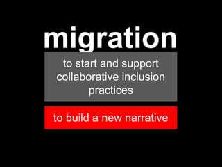 resilience
migration
to start and support
collaborative inclusion
practices
to build a new narrative
 