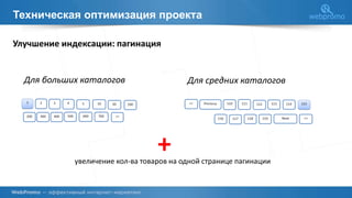 Техническая оптимизация проекта
Улучшение индексации: пагинация
Для больших каталогов Для средних каталогов
увеличение кол-ва товаров на одной странице пагинации
+
 
