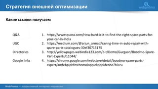 Стратегия внешней оптимизации
Какие ссылки получаем
Q&A
UGC
Directories
Google links
1. https://www.quora.com/How-hard-is-it-to-find-the-right-spare-parts-for-
your-car-in-India
2. https://medium.com/@arjun_armad/saving-time-in-auto-repair-with-
spare-parts-catalogues-30ef30715175
3. http://yellowpages.webindia123.com/d-t/Demo/Gurgaon/Boodmo-Spare-
Part-Experts/11044/
4. https://chrome.google.com/webstore/detail/boodmo-spare-parts-
expert/amfebpiphfmchnmolopplekoppkfenho?hl=ru
 
