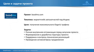 Цели и задачи проекта
Проект: boodmo.com
Тематика: маркетплейс автозапчастей под Индию
Цели: получение максимального Organic трафика
Задачи:
• Полная внутренняя оптимизация перед запуском проекта
• Формирование и доработка структуры проекта
• Поддержка и контроль технических реализаций
• Проведение активной фазы продвижения
 