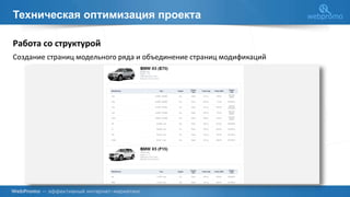 Техническая оптимизация проекта
Работа со структурой
Создание страниц модельного ряда и объединение страниц модификаций
 