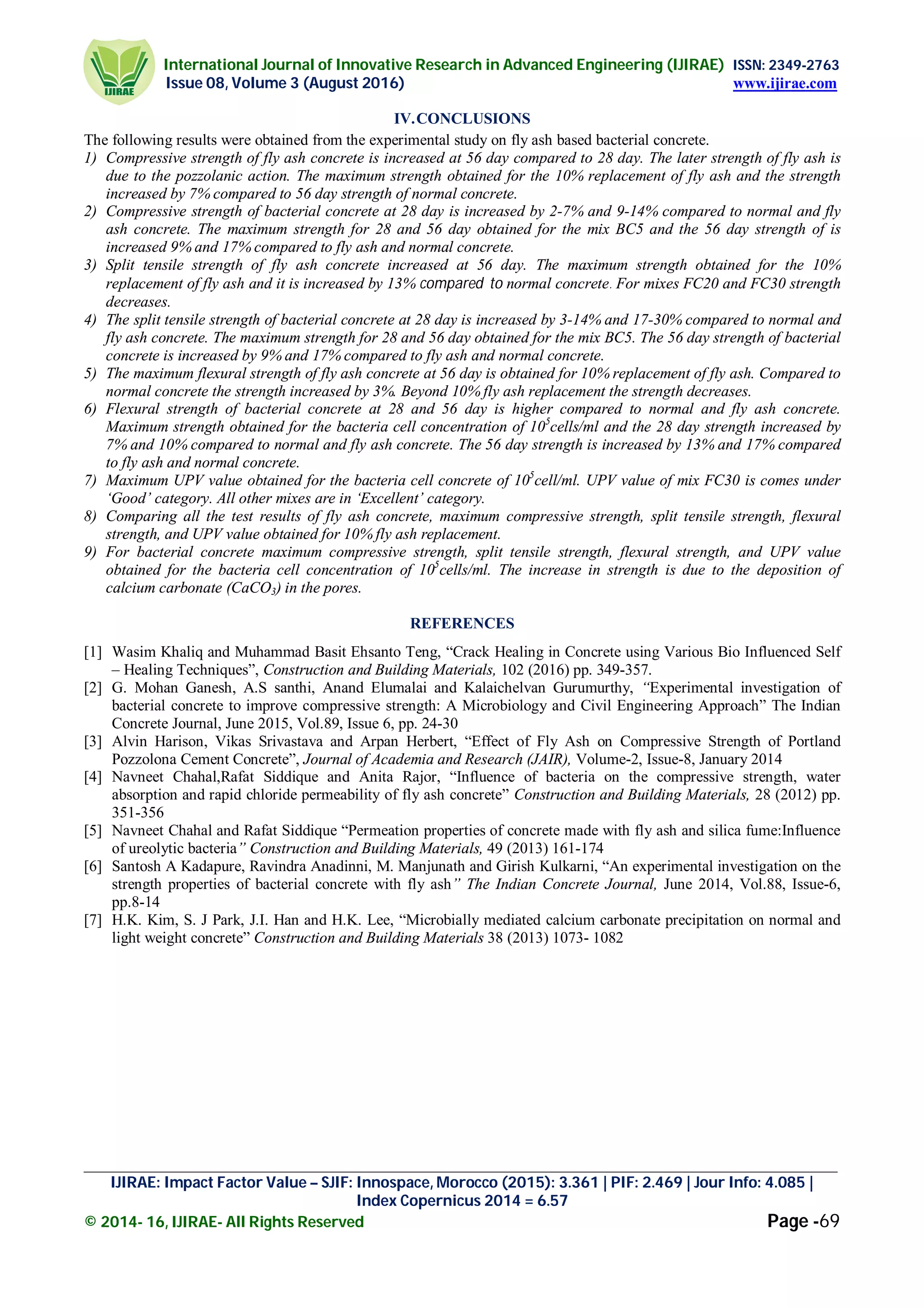 International Journal of Innovative Research in Advanced Engineering (IJIRAE) ISSN: 2349-2763
Issue 08, Volume 3 (August 2016) www.ijirae.com
_________________________________________________________________________________________________
IJIRAE: Impact Factor Value – SJIF: Innospace, Morocco (2015): 3.361 | PIF: 2.469 | Jour Info: 4.085 |
Index Copernicus 2014 = 6.57
© 2014- 16, IJIRAE- All Rights Reserved Page -69
IV.CONCLUSIONS
The following results were obtained from the experimental study on fly ash based bacterial concrete.
1) Compressive strength of fly ash concrete is increased at 56 day compared to 28 day. The later strength of fly ash is
due to the pozzolanic action. The maximum strength obtained for the 10% replacement of fly ash and the strength
increased by 7% compared to 56 day strength of normal concrete.
2) Compressive strength of bacterial concrete at 28 day is increased by 2-7% and 9-14% compared to normal and fly
ash concrete. The maximum strength for 28 and 56 day obtained for the mix BC5 and the 56 day strength of is
increased 9% and 17% compared to fly ash and normal concrete.
3) Split tensile strength of fly ash concrete increased at 56 day. The maximum strength obtained for the 10%
replacement of fly ash and it is increased by 13% compared to normal concrete. For mixes FC20 and FC30 strength
decreases.
4) The split tensile strength of bacterial concrete at 28 day is increased by 3-14% and 17-30% compared to normal and
fly ash concrete. The maximum strength for 28 and 56 day obtained for the mix BC5. The 56 day strength of bacterial
concrete is increased by 9% and 17% compared to fly ash and normal concrete.
5) The maximum flexural strength of fly ash concrete at 56 day is obtained for 10% replacement of fly ash. Compared to
normal concrete the strength increased by 3%. Beyond 10% fly ash replacement the strength decreases.
6) Flexural strength of bacterial concrete at 28 and 56 day is higher compared to normal and fly ash concrete.
Maximum strength obtained for the bacteria cell concentration of 105
cells/ml and the 28 day strength increased by
7% and 10% compared to normal and fly ash concrete. The 56 day strength is increased by 13% and 17% compared
to fly ash and normal concrete.
7) Maximum UPV value obtained for the bacteria cell concrete of 105
cell/ml. UPV value of mix FC30 is comes under
‘Good’ category. All other mixes are in ‘Excellent’ category.
8) Comparing all the test results of fly ash concrete, maximum compressive strength, split tensile strength, flexural
strength, and UPV value obtained for 10% fly ash replacement.
9) For bacterial concrete maximum compressive strength, split tensile strength, flexural strength, and UPV value
obtained for the bacteria cell concentration of 105
cells/ml. The increase in strength is due to the deposition of
calcium carbonate (CaCO3) in the pores.
REFERENCES
[1] Wasim Khaliq and Muhammad Basit Ehsanto Teng, “Crack Healing in Concrete using Various Bio Influenced Self
– Healing Techniques”, Construction and Building Materials, 102 (2016) pp. 349-357.
[2] G. Mohan Ganesh, A.S santhi, Anand Elumalai and Kalaichelvan Gurumurthy, “Experimental investigation of
bacterial concrete to improve compressive strength: A Microbiology and Civil Engineering Approach” The Indian
Concrete Journal, June 2015, Vol.89, Issue 6, pp. 24-30
[3] Alvin Harison, Vikas Srivastava and Arpan Herbert, “Effect of Fly Ash on Compressive Strength of Portland
Pozzolona Cement Concrete”, Journal of Academia and Research (JAIR), Volume-2, Issue-8, January 2014
[4] Navneet Chahal,Rafat Siddique and Anita Rajor, “Influence of bacteria on the compressive strength, water
absorption and rapid chloride permeability of fly ash concrete” Construction and Building Materials, 28 (2012) pp.
351-356
[5] Navneet Chahal and Rafat Siddique “Permeation properties of concrete made with fly ash and silica fume:Influence
of ureolytic bacteria” Construction and Building Materials, 49 (2013) 161-174
[6] Santosh A Kadapure, Ravindra Anadinni, M. Manjunath and Girish Kulkarni, “An experimental investigation on the
strength properties of bacterial concrete with fly ash” The Indian Concrete Journal, June 2014, Vol.88, Issue-6,
pp.8-14
[7] H.K. Kim, S. J Park, J.I. Han and H.K. Lee, “Microbially mediated calcium carbonate precipitation on normal and
light weight concrete” Construction and Building Materials 38 (2013) 1073- 1082
 