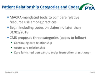 The March To MIPS Page 26
Patient Relationship Categories and Codes
 MACRA-mandated tools to compare relative
resource use among practices
 Begin including codes on claims no later than
01/01/2018
 CMS proposes three categories (codes to follow)
 Continuing care relationship
 Acute care relationship
 Care furnished pursuant to order from other practitioner
 