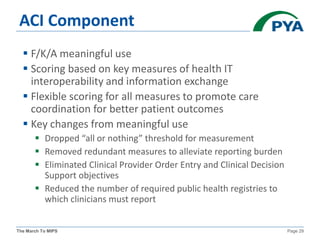 The March To MIPS Page 29
ACI Component
 F/K/A meaningful use
 Scoring based on key measures of health IT
interoperability and information exchange
 Flexible scoring for all measures to promote care
coordination for better patient outcomes
 Key changes from meaningful use
 Dropped “all or nothing” threshold for measurement
 Removed redundant measures to alleviate reporting burden
 Eliminated Clinical Provider Order Entry and Clinical Decision
Support objectives
 Reduced the number of required public health registries to
which clinicians must report
 