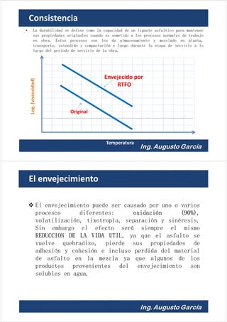 Temperatura
Original
• La durabilidad se define como la capacidad de un ligante asfaltico para mantener
sus propiedades originales cuando es sometido a los procesos normales de trabajo
en obra. Estos procesos son los de almacenamiento y mezclado en planta,
transporte, extendido y compactación y luego durante la etapa de servicio a lo
largo del periodo de servicio de la obra.
Envejecido por
RTFO
Consistencia
El envejecimiento puede ser causado por uno o varios
procesos diferentes: oxidación (90%),
volatilización, tixotropía, separación y sinéresis.
Sin embargo el efecto será siempre el mismo
REDUCCION DE LA VIDA UTIL, ya que el asfalto se
vuelve quebradizo, pierde sus propiedades de
adhesión y cohesión e incluso perdida del material
de asfalto en la mezcla ya que algunos de los
productos provenientes del envejecimiento son
solubles en agua.
El envejecimiento
 