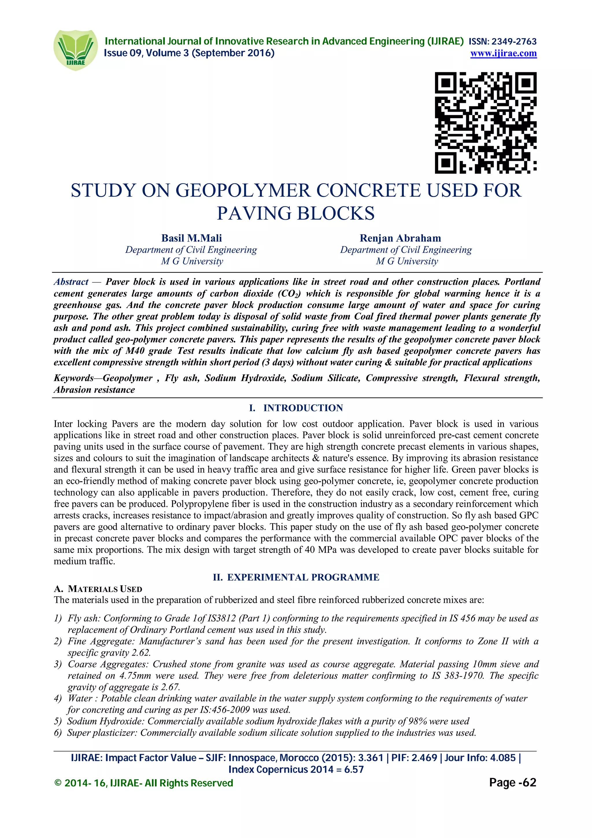 STUDY ON GEOPOLYMER CONCRETE USED FOR PAVING BLOCKS | PDF