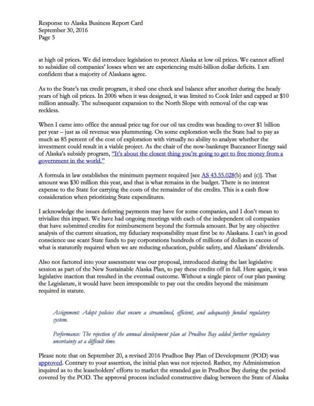 walker s response to the alaska business report card 9 30 2016