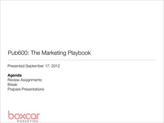 Pub600: The Marketing Playbook
Presented September 17, 2012
Agenda
Review Assignments
Break
Prepare Presentations
 