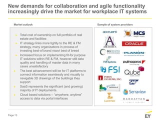 Page 13
New demands for collaboration and agile functionality
increasingly drive the market for workplace IT systems
► Total cost of ownership on full portfolio of real
estate and facilities
► IT strategy links more tightly to the RE & FM
strategy, many organizations in process of
investing best-of brand visavi best of breed
► Increased focus on implementing fit-for purpose
IT solutions within RE & FM, however still data
quality and handling of master data in many
cases unsatisfactory
► The best advancement will be for IT platforms to
connect information seamlessly and visually to
navigable 3D drawings of the buildings they
support
► SaaS represents the significant (and growing)
majority of IT deployments.
► Cloud based solutions – “anywhere, anytime”
access to data via portal interfaces
Sample of system providersMarket outlook
 
