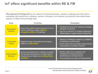 Page 9
IoT offers significant benefits within RE & FM
Source: http://www.nrel.gov/continuum/homes_buildings/sensors.html
http://www.eetimes.com/author.asp?section_id=36&doc_id=1323036
Inform users where vacant locations are to be
found in buildings, analyze effective
occupation patterns of buildings
Occupation
sensors
Register energy consumptions and analyze
patterns to avoid waste
Connected
meters
Monitor asset behavior (ie: elevator, escalator)
and warrant maintenance in a timely manner,
reducing risks of safety and avoiding failure
situations
Critical Asset
Sensors
► Cameras and sensors to measure workplace
utilization in real-time
► Service on-demand, for instance cleaning of
toilets based on usage instead of frequency
► Sensors in buildings to adapt e.g. ventilation
and lighting to actual needs
► Smart meters that accurately analyze energy
consumption to be able to reduce it
► Monitor usage of e.g. elevators and
escalators to conduct preventive
maintenance in a timely manner
► Track equipment through connected assets
The Internet of Things (IoT) is the network of physical devices, vehicles, buildings and other items -
embedded with electronics, software, sensors, actuators, and network connectivity that enable these
objects to collect and exchange data.
Area Function Examples
 