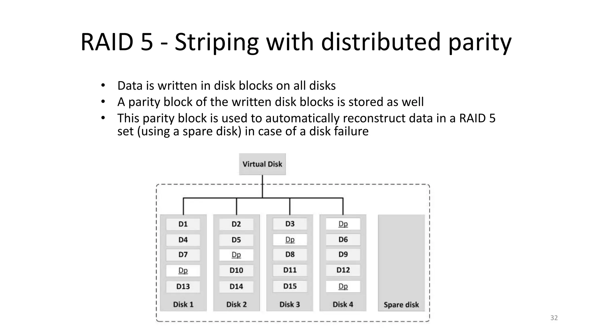RAID 5 - Striping with distributed parity
• Data is written in disk blocks on all disks
• A parity block of the written disk blocks is stored as well
• This parity block is used to automatically reconstruct data in a RAID 5
set (using a spare disk) in case of a disk failure
32
 