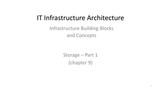 IT Infrastructure Architecture
Storage – Part 1
(chapter 9)
Infrastructure Building Blocks
and Concepts
1
 