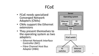 FCoE
• FCoE needs specialized
Converged Network
Adapters (CNAs)
• CNAs support the Ethernet
extensions
• They present themselves to
the operating system as two
adapters:
– Ethernet Network Interface
Controller (NIC)
– Fibre Channel Host Bus
Adapter (HBA)
51
 