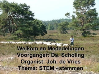 Welkom en MededelingenWelkom en Mededelingen
Voorganger: Ds. ScholingVoorganger: Ds. Scholing
Organist: Joh. de VriesOrganist: Joh. de Vries
Thema: STEM - stemmenThema: STEM - stemmen
 