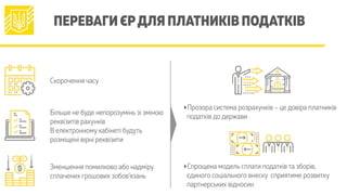 ПЕРЕВАГИ ЄРДЛЯ ПЛАТНИКІВ ПОДАТКІВ
Скорочення часу
Більше не буде непорозумінь зі зміною
реквізитів рахунків 
В електронному кабінеті будуть
розміщені вірні реквізити
Зменшення помилково або надміру
сплачених грошових зобов’язань
‣Прозора система розрахунків – це довіра платників
податків до держави
‣Спрощена модель сплати податків та зборів,
єдиного соціального внеску сприятиме розвитку
партнерських відносин
 