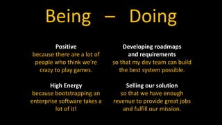 Being – Doing
Positive
because there are a lot of
people who think we’re
crazy to play games.
High Energy
because bootstrapping an
enterprise software takes a
lot of it!
Developing roadmaps
and requirements
so that my dev team can build
the best system possible.
Selling our solution
so that we have enough
revenue to provide great jobs
and fulfill our mission.
 