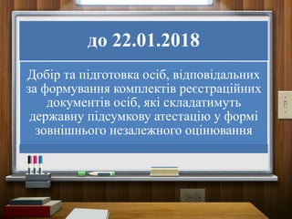 до 22.01.2018
Добір та підготовка осіб, відповідальних
за формування комплектів реєстраційних
документів осіб, які складатимуть
державну підсумкову атестацію у формі
зовнішнього незалежного оцінювання
 