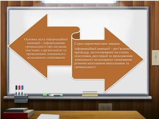 Основна мета інформаційної
кампанії – інформування
громадськості про питання,
пов’язані з організацією та
проведенням зовнішнього
незалежного оцінювання
Серед першочергових завдань
інформаційної кампанії – роз’яснення
процедур, застосовуваних на етапах
підготовки, реєстрації та проходження
зовнішнього незалежного оцінювання
різними категоріями випускників та
громадськості.
 