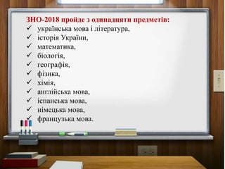 ЗНО-2018 пройде з одинадцяти предметів:
 українська мова і література,
 історія України,
 математика,
 біологія,
 географія,
 фізика,
 хімія,
 англійська мова,
 іспанська мова,
 німецька мова,
 французька мова.
 