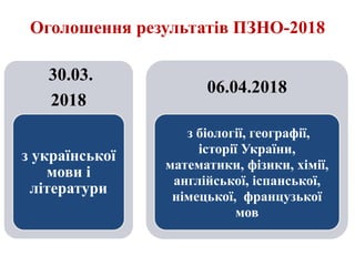 30.03.
2018
з української
мови і
літератури
06.04.2018
з біології, географії,
історії України,
математики, фізики, хімії,
англійської, іспанської,
німецької, французької
мов
Оголошення результатів ПЗНО-2018
 