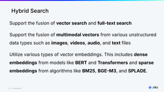27 | © Copyright Zilliz
27
Hybrid Search
Support the fusion of vector search and full-text search
Support the fusion of multimodal vectors from various unstructured
data types such as images, videos, audio, and text files
Utilize various types of vector embeddings. This includes dense
embeddings from models like BERT and Transformers and sparse
embeddings from algorithms like BM25, BGEM3, and SPLADE.
 