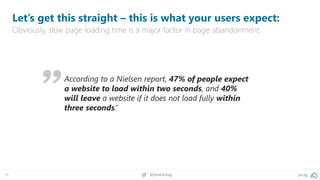 10 @peakaceag pa.ag
Let’s get this straight – this is what your users expect:
Obviously, slow page loading time is a major factor in page abandonment.
According to a Nielsen report, 47% of people expect
a website to load within two seconds, and 40%
will leave a website if it does not load fully within
three seconds.”
 