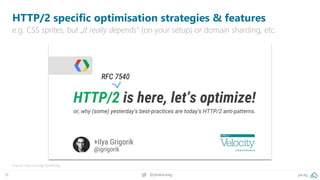 18 @peakaceag pa.ag
HTTP/2 specific optimisation strategies & features
e.g. CSS sprites, but „it really depends“ (on your setup) or domain sharding, etc.
Source: http://pa.ag/2pmhObg
 