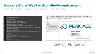 23 @peakaceag pa.ag
You can still use WebP with on-the-fly replacement
Swap PNG and JPEG images per re-write (i.e., using .htaccess)
VS.
 