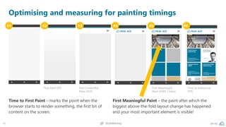 42 @peakaceag pa.ag
Optimising and measuring for painting timings
#1 #2 #3 #4 #5 #6
First Paint (FP) First Contentful
Paint (FCP)
First Meaningful
Paint (FMP) / Hero!
Time to Interactive
(TTI)
Time to First Paint – marks the point when the
browser starts to render something, the first bit of
content on the screen.
First Meaningful Paint – the paint after which the
biggest above-the-fold layout change has happened
and your most important element is visible!
 
