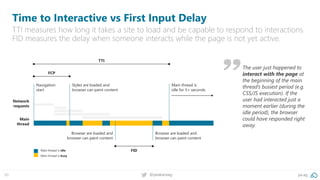 50 pa.ag@peakaceag
Time to Interactive vs First Input Delay
TTI measures how long it takes a site to load and be capable to respond to interactions.
FID measures the delay when someone interacts while the page is not yet active.
The user just happened to
interact with the page at
the beginning of the main
thread’s busiest period (e.g.
CSS/JS execution). If the
user had interacted just a
moment earlier (during the
idle period), the browser
could have responded right
away.
Main thread is idle
Main thread is busy
Styles are loaded and
browser can paint content
Navigation
start
Main thread is
idle for 5+ seconds
Browser are loaded and
browser can paint content
Browser are loaded and
browser can paint content
FID
TTI
FCP
Network
requests
Main
thread
 