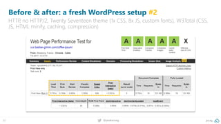62 @peakaceag pa.ag
Before & after: a fresh WordPress setup #2
HTTP, no HTTP/2, Twenty Seventeen theme (1x CSS, 8x JS, custom fonts), W3Total (CSS,
JS, HTML minify, caching, compression)
 