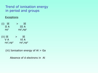 Trend of ionisation energy
in period and groups
Exceptions
(i) IE > IE
II A III A
ns2
ns2
,np1
(ii) IE > IE
V A VI A
ns2
,np3
ns2
,np4
(iii) Ionisation energy of Al > Ga
Absence of d electrons in Al
 