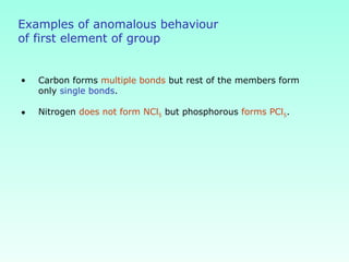 Examples of anomalous behaviour
of first element of group
• Carbon forms multiple bonds but rest of the members form
only single bonds.
• Nitrogen does not form NCl5 but phosphorous forms PCl5.
 
