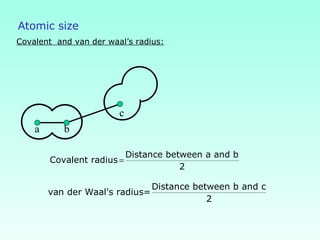 Atomic size
Covalent and van der waal’s radius:
a b
c
Distance between a and b
Covalent radius
2
=
Distance between b and c
van der Waal's radius=
2
 