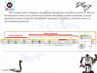 Вот теперь можно завершить разработку программы для робота-сумоиста. Внутрь
бесконечного цикла последовательно вложим программу поиска соперника, а затем
программу атаки соперника. Попробуйте выполнить эту работу самостоятельно, не
подглядывая в решение.
 