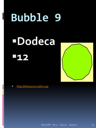 EQ: How do I identify & describe polygons? 9/17/2011Bitsy Griffin    Wk 4-1     Obj 3.0115I can name polygons.