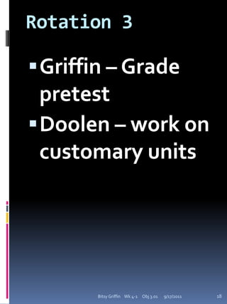 Rotations blocks 1 & 2Stations (same as last week)Number & Letter puzzles (like those in HW)X & / practice9/17/2011Bitsy Griffin    Wk 4-1     Obj 3.0118