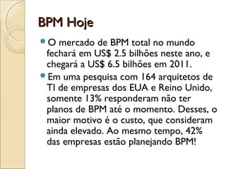 BPM HojeBPM Hoje
O mercado de BPM total no mundo
fechará em US$ 2.5 bilhões neste ano, e
chegará a US$ 6.5 bilhões em 2011.
Em uma pesquisa com 164 arquitetos de
TI de empresas dos EUA e Reino Unido,
somente 13% responderam não ter
planos de BPM até o momento. Desses, o
maior motivo é o custo, que consideram
ainda elevado. Ao mesmo tempo, 42%
das empresas estão planejando BPM!
 